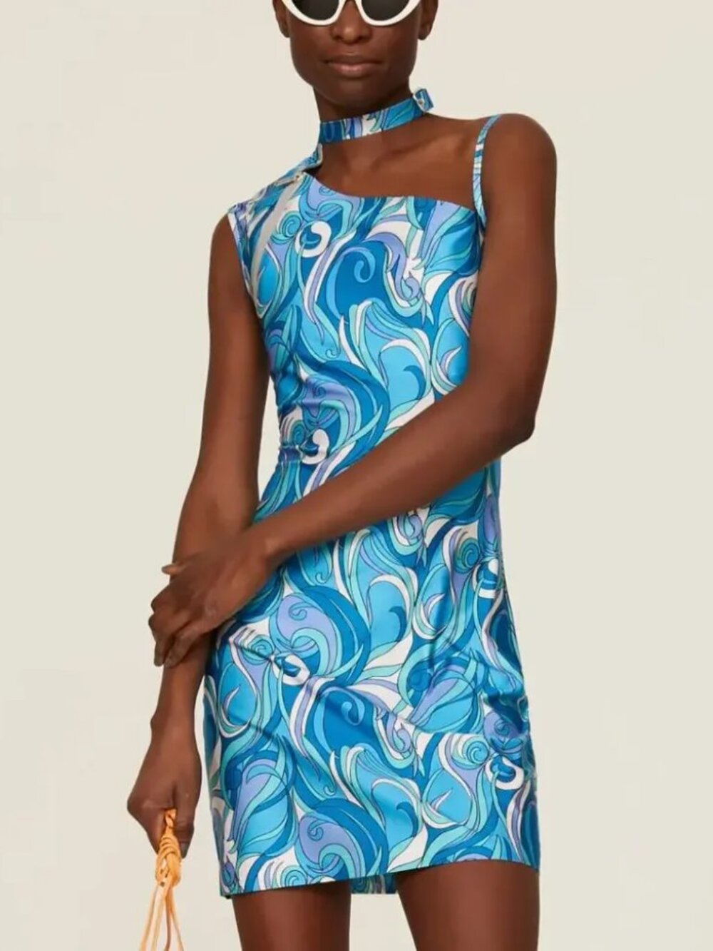 Coperni Mini Dress Asymmetric Neck in Blue Mod Retro Swirl - Cocktail Party Sz 6